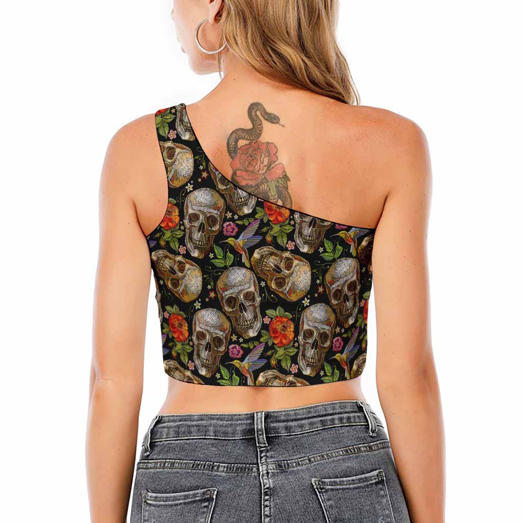 Vintage Skull Pattern Print One Shoulder Crop Top