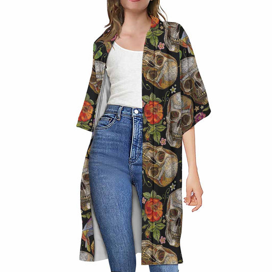 Vintage Skull Pattern Print Open Front Beach Cover Up