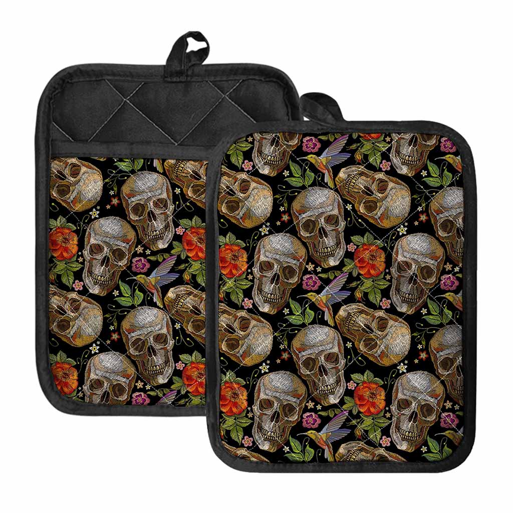 Vintage Skull Pattern Print Pot Holders With Pocket