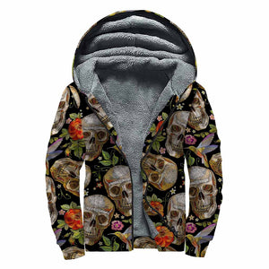 Vintage Skull Pattern Print Sherpa Lined Zip Up Hoodie