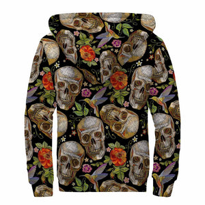 Vintage Skull Pattern Print Sherpa Lined Zip Up Hoodie