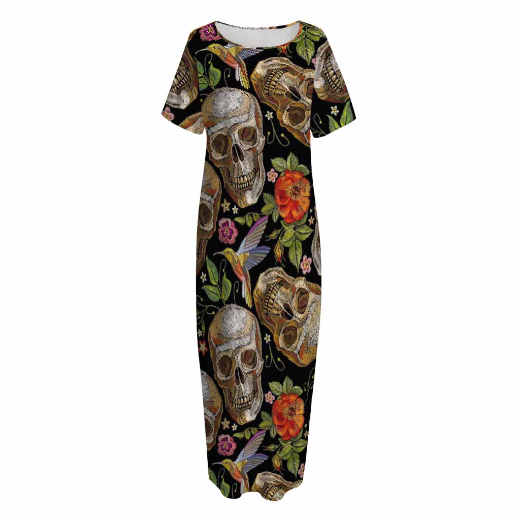 Vintage Skull Pattern Print Short Sleeve Long Nightdress