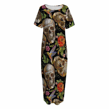 Vintage Skull Pattern Print Short Sleeve Long Nightdress