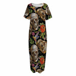 Vintage Skull Pattern Print Short Sleeve Long Nightdress