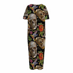 Vintage Skull Pattern Print Short Sleeve Long Nightdress