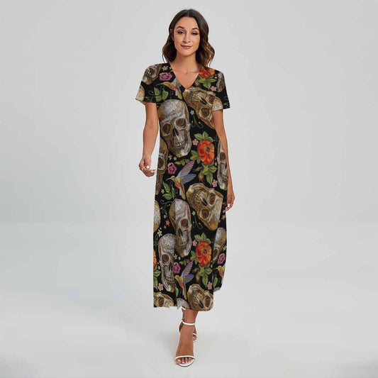Vintage Skull Pattern Print Short Sleeve Maxi Dress