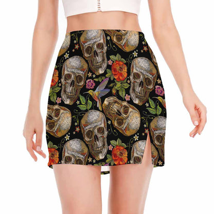 Vintage Skull Pattern Print Side Slit Mini Skirt