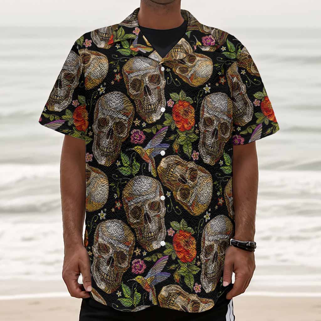 Vintage Skull Pattern Print Textured Short Sleeve Shirt