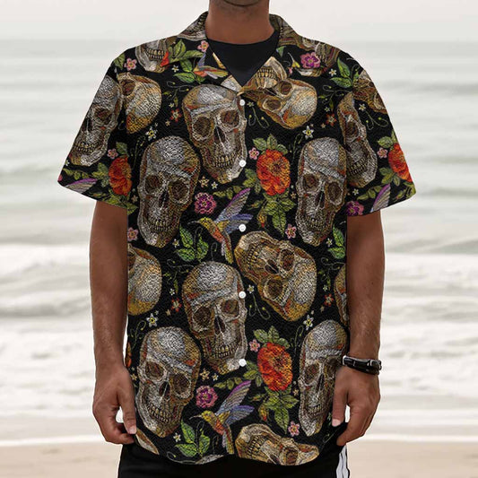 Vintage Skull Pattern Print Textured Short Sleeve Shirt
