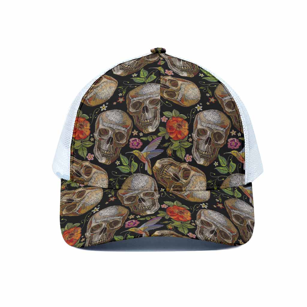 Vintage Skull Pattern Print White Mesh Trucker Cap