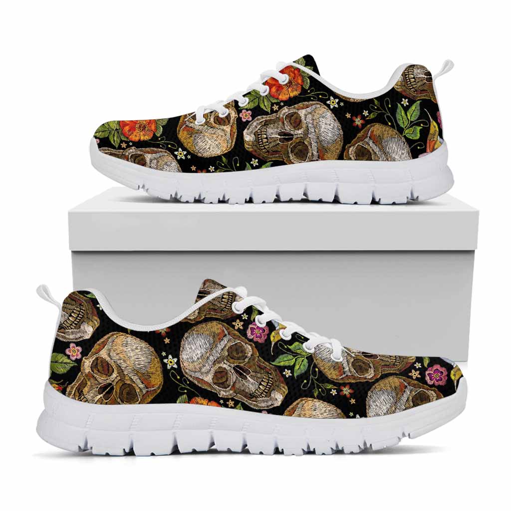 Vintage Skull Pattern Print White Running Shoes