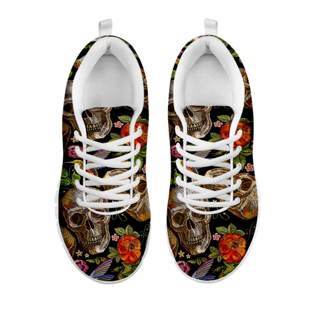 Vintage Skull Pattern Print White Running Shoes