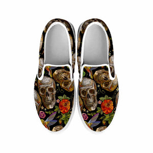 Vintage Skull Pattern Print White Slip On Sneakers