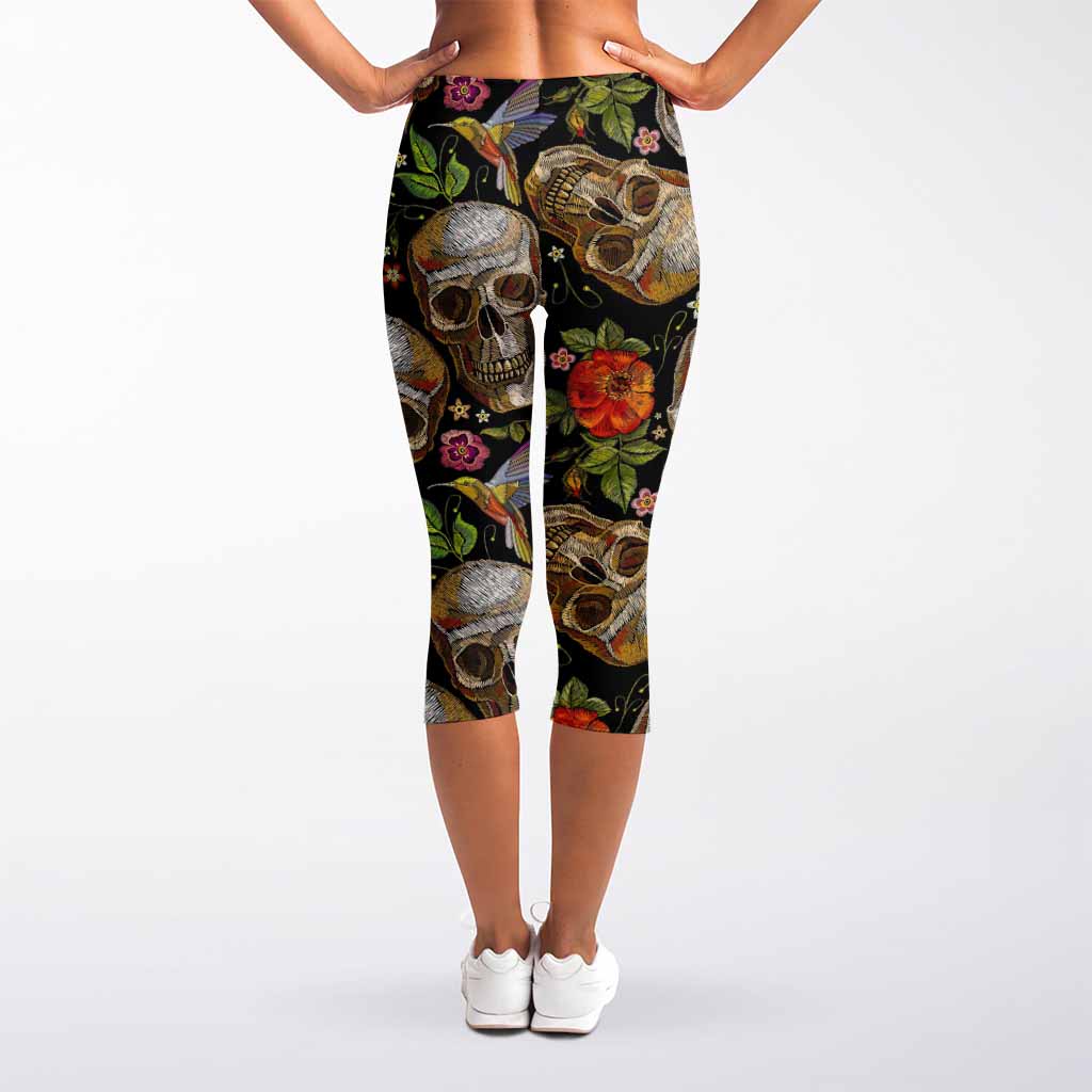 Vintage Skull Pattern Print Women's Capri Leggings