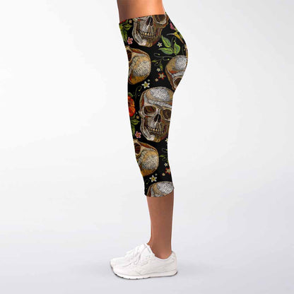 Vintage Skull Pattern Print Women's Capri Leggings