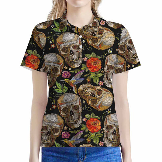 Vintage Skull Pattern Print Women's Polo Shirt