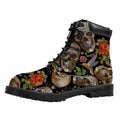 Vintage Skull Pattern Print Padded Collar Lace Up Boots