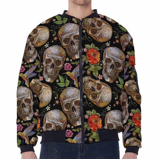 Vintage Skull Pattern Print Zip Sleeve Bomber Jacket