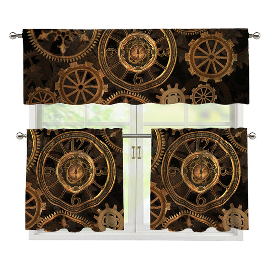 Vintage Steampunk Gears Print 3 Piece Kitchen Curtains
