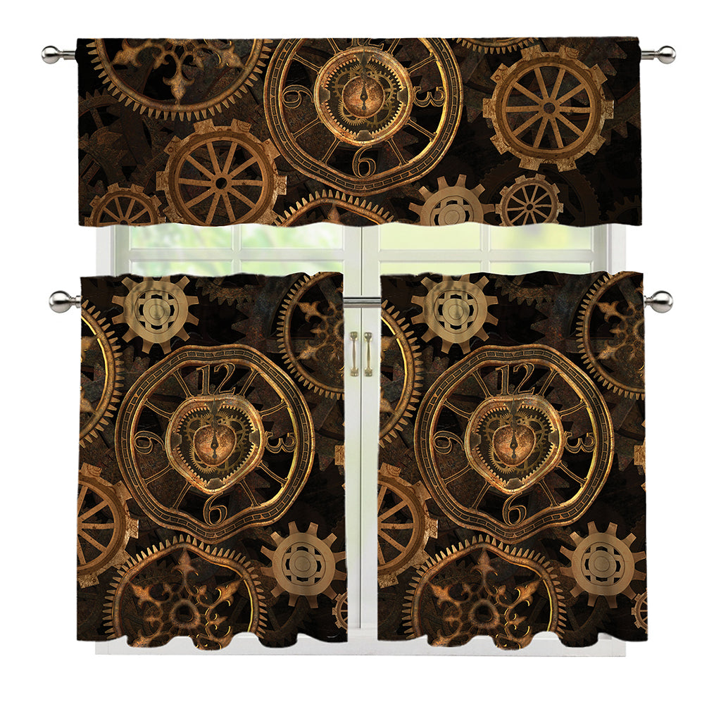 Vintage Steampunk Gears Print 3 Piece Kitchen Curtains