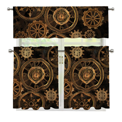 Vintage Steampunk Gears Print 3 Piece Kitchen Curtains