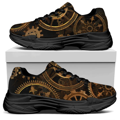 Vintage Steampunk Gears Print Black Chunky Shoes