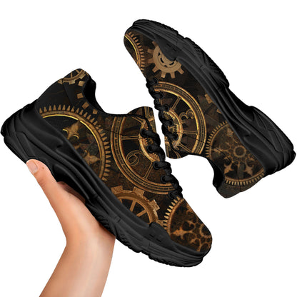 Vintage Steampunk Gears Print Black Chunky Shoes