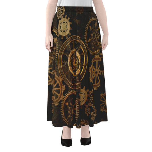 Vintage Steampunk Gears Print Chiffon Maxi Skirt