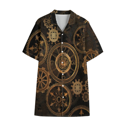 Vintage Steampunk Gears Print Cotton Hawaiian Shirt