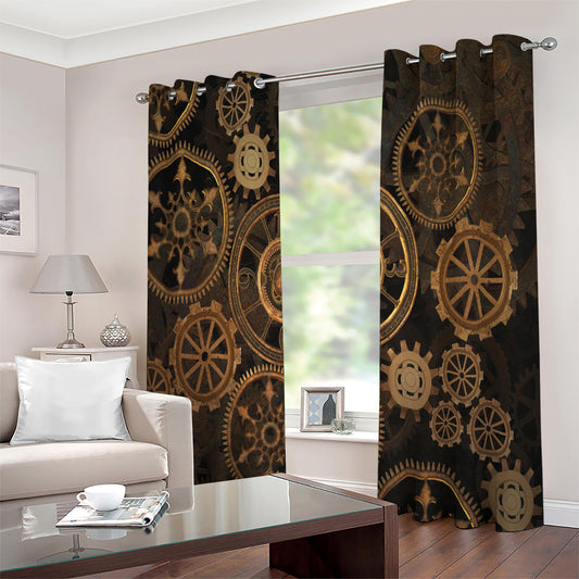 Vintage Steampunk Gears Print Extra Wide Grommet Curtains