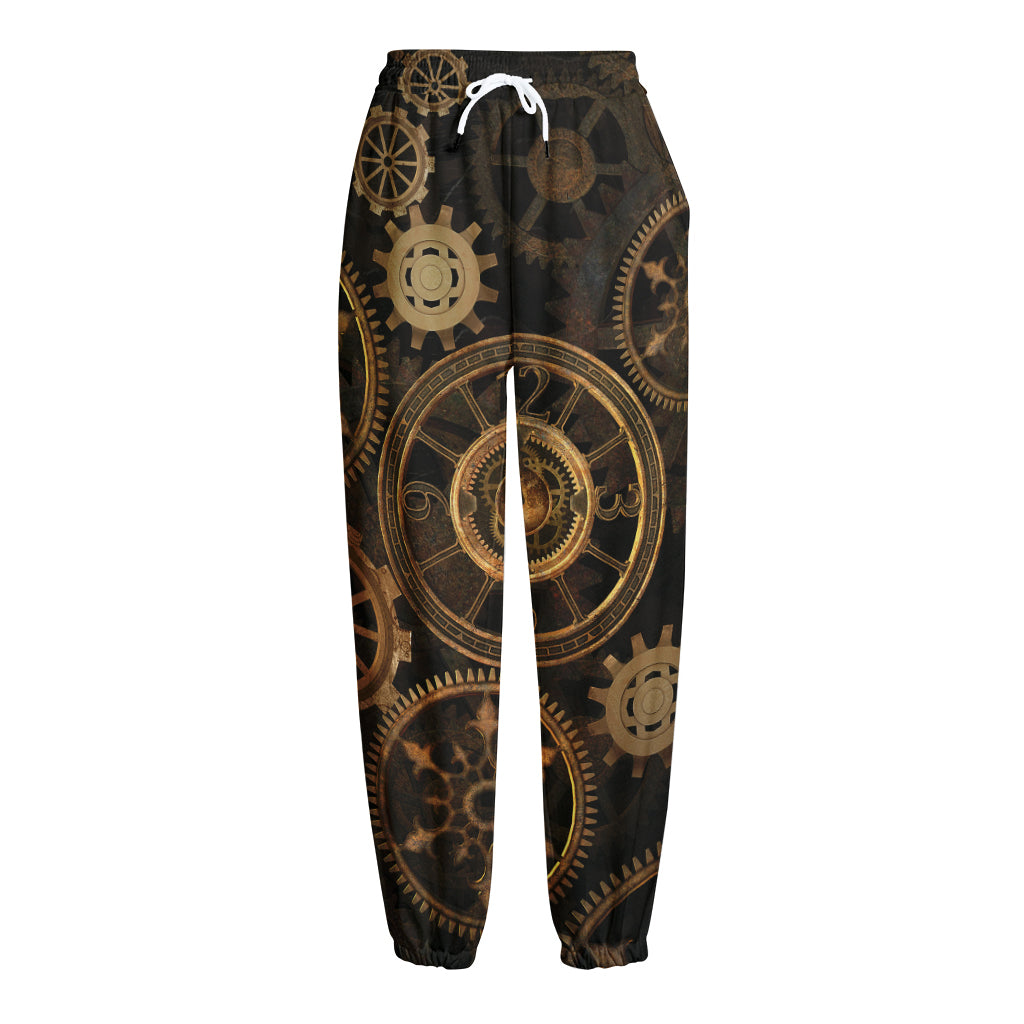 Vintage Steampunk Gears Print Fleece Lined Knit Pants