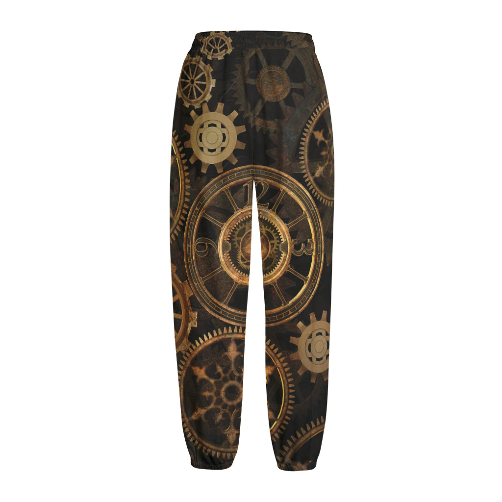 Vintage Steampunk Gears Print Fleece Lined Knit Pants