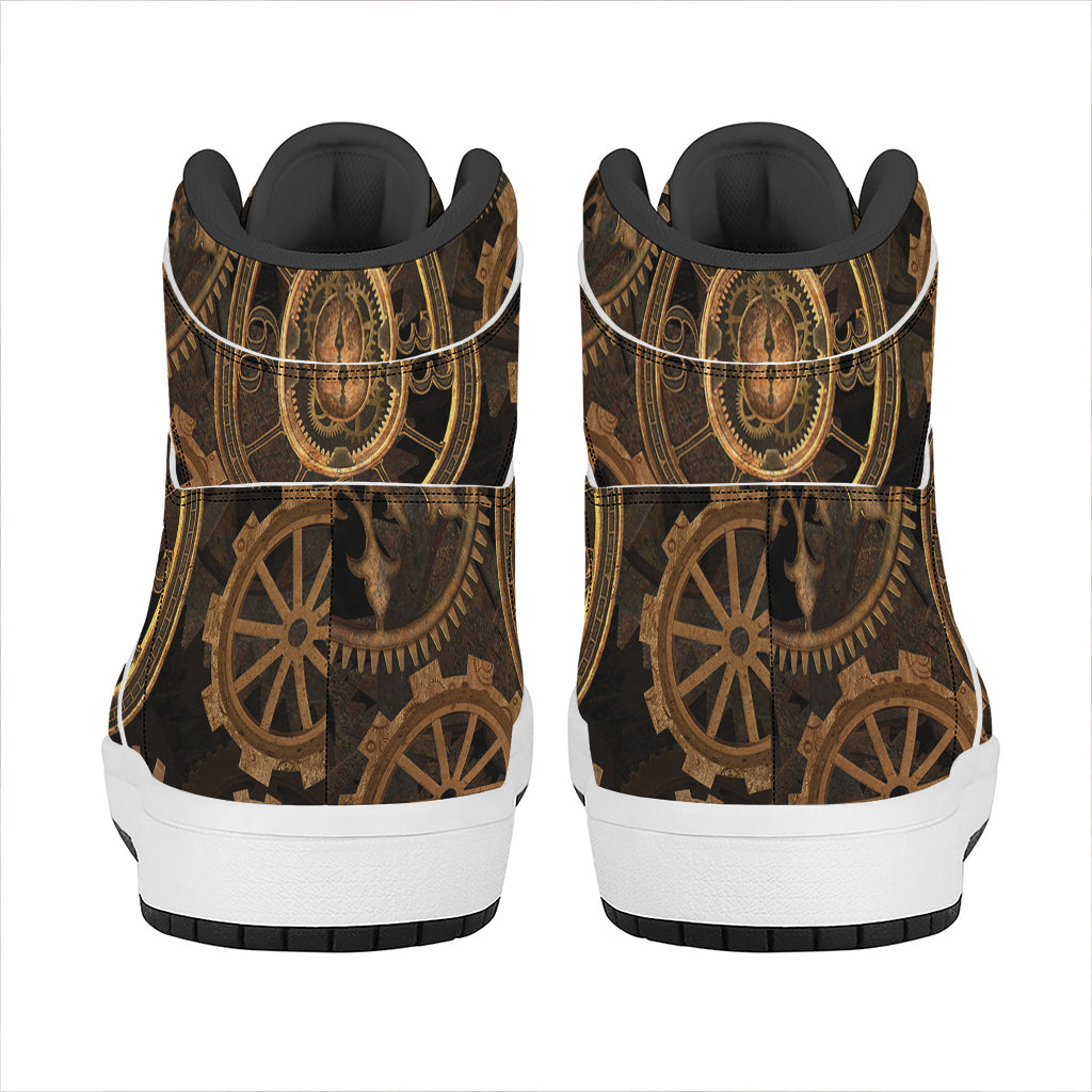 Vintage Steampunk Gears Print High Top Leather Sneakers