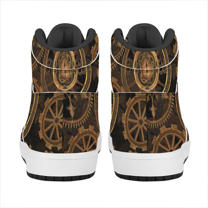 Vintage Steampunk Gears Print High Top Leather Sneakers