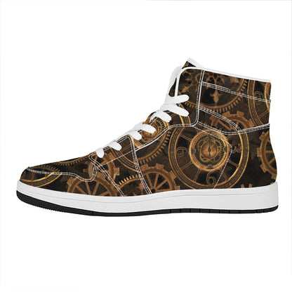 Vintage Steampunk Gears Print High Top Leather Sneakers