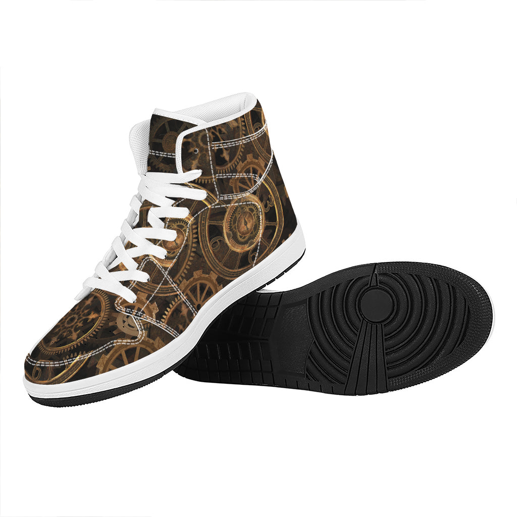 Vintage Steampunk Gears Print High Top Leather Sneakers