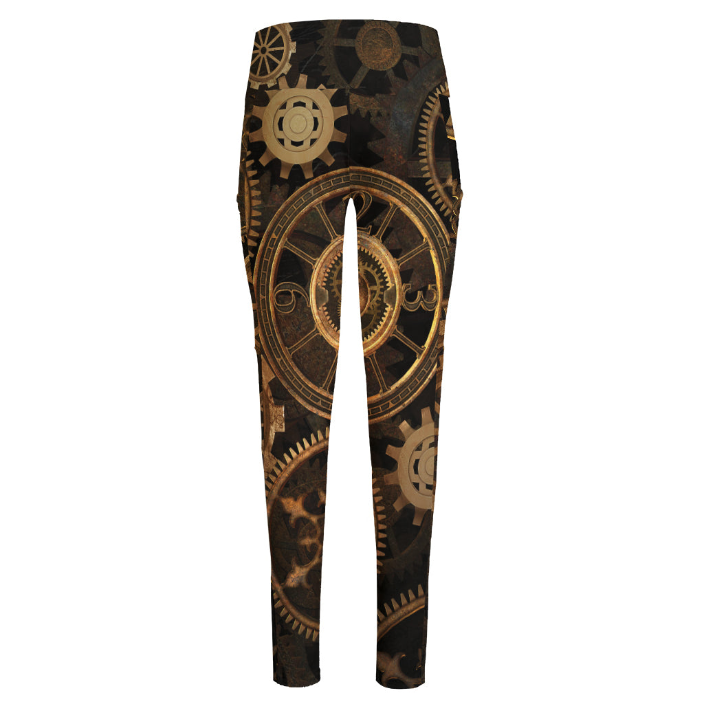 Vintage Steampunk Gears Print High-Waisted Pocket Leggings