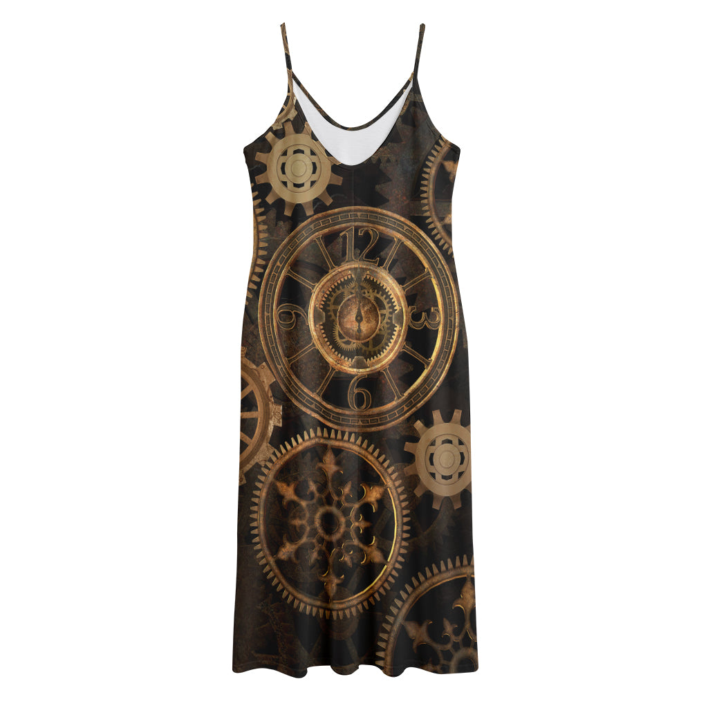 Vintage Steampunk Gears Print Jersey Midi Cami Dress