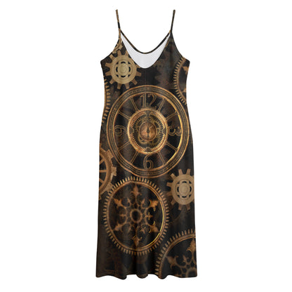 Vintage Steampunk Gears Print Jersey Midi Cami Dress