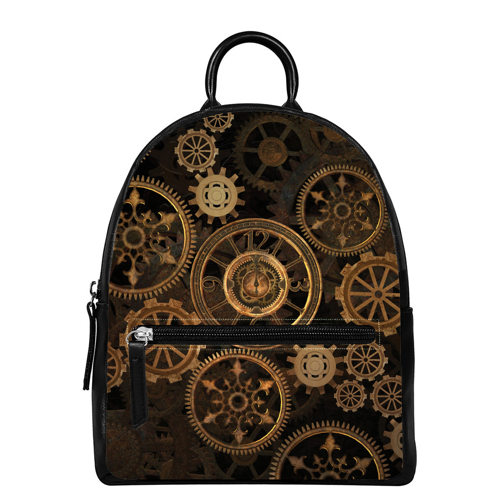 Vintage Steampunk Gears Print Leather Backpack