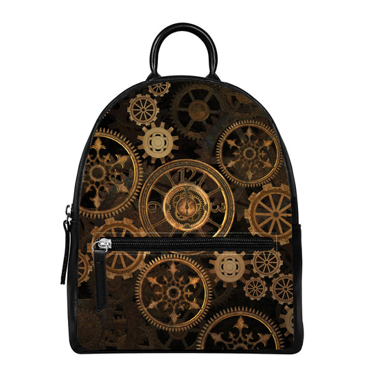 Vintage Steampunk Gears Print Leather Backpack