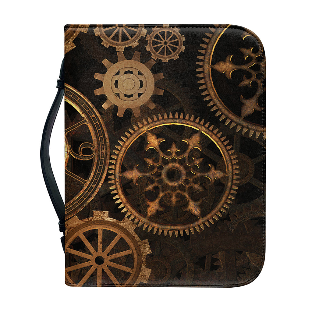 Vintage Steampunk Gears Print Leather Bible Cover