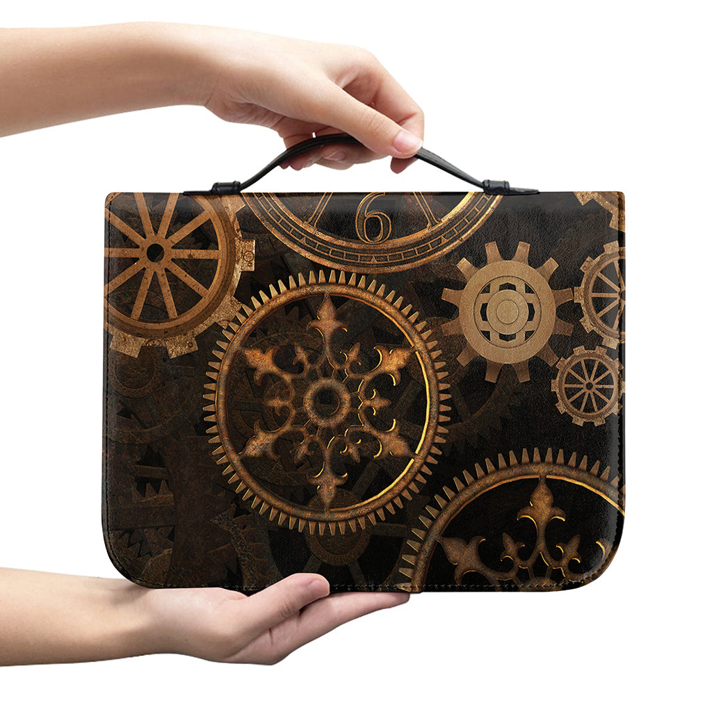 Vintage Steampunk Gears Print Leather Bible Cover