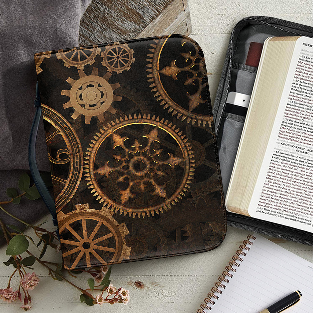Vintage Steampunk Gears Print Leather Bible Cover