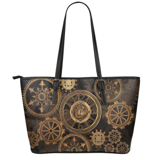 Vintage Steampunk Gears Print Leather Tote Bag
