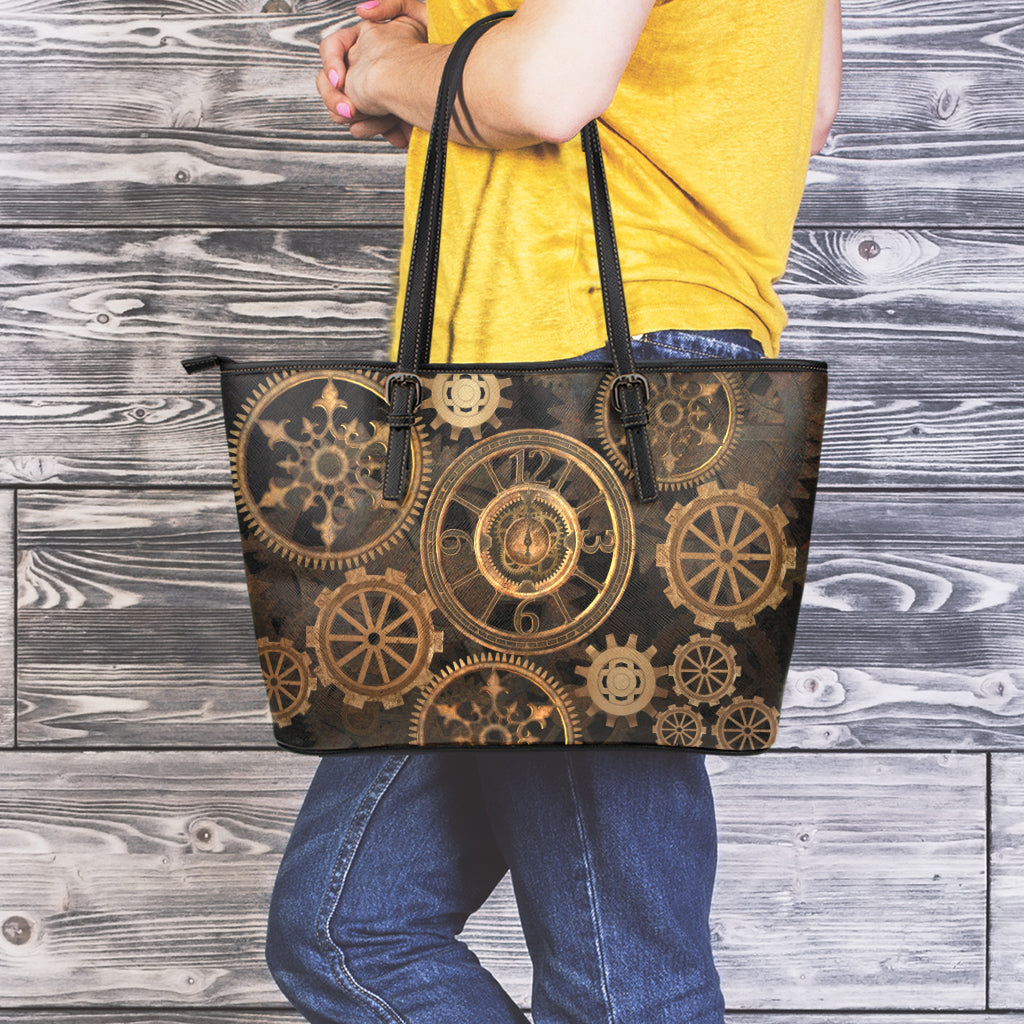Vintage Steampunk Gears Print Leather Tote Bag