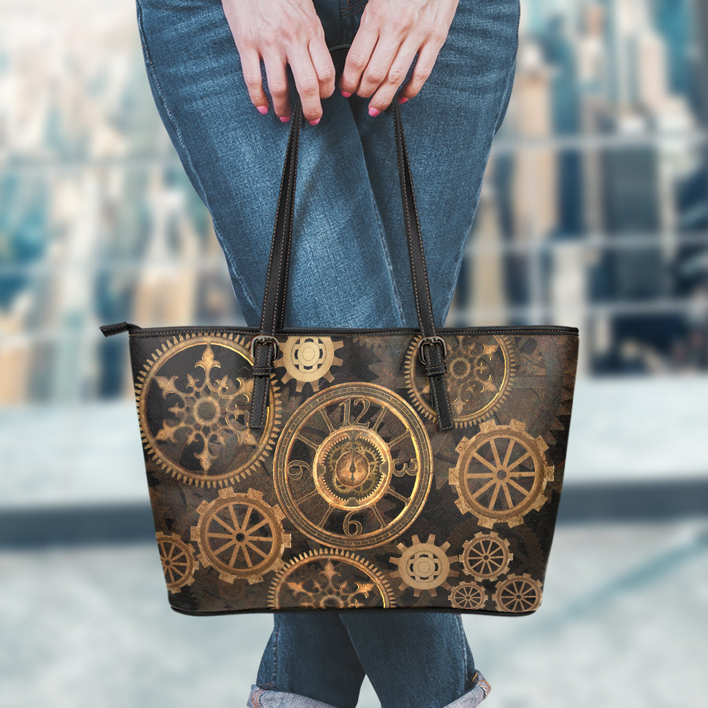 Vintage Steampunk Gears Print Leather Tote Bag