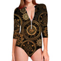 Vintage Steampunk Gears Print Long Sleeve Swimsuit