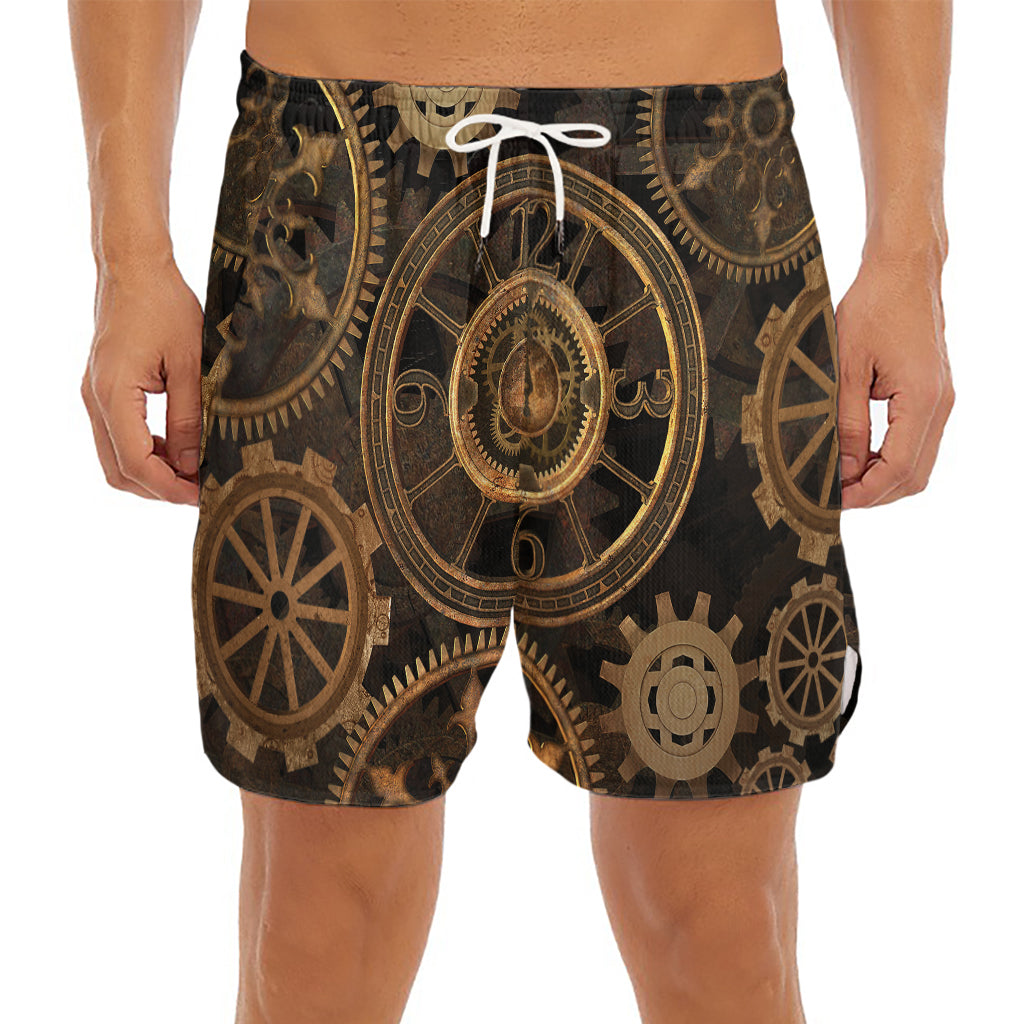 Vintage Steampunk Gears Print Men's Split Running Shorts