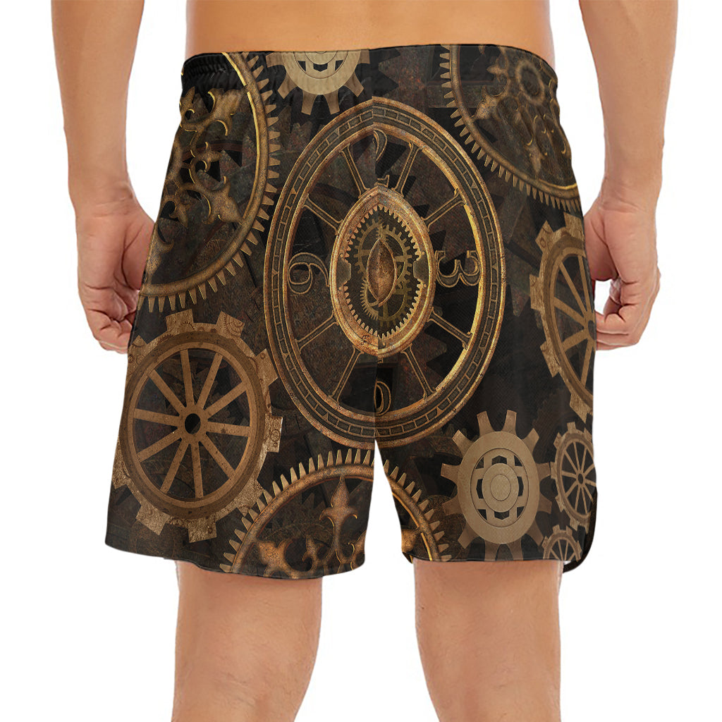 Vintage Steampunk Gears Print Men's Split Running Shorts